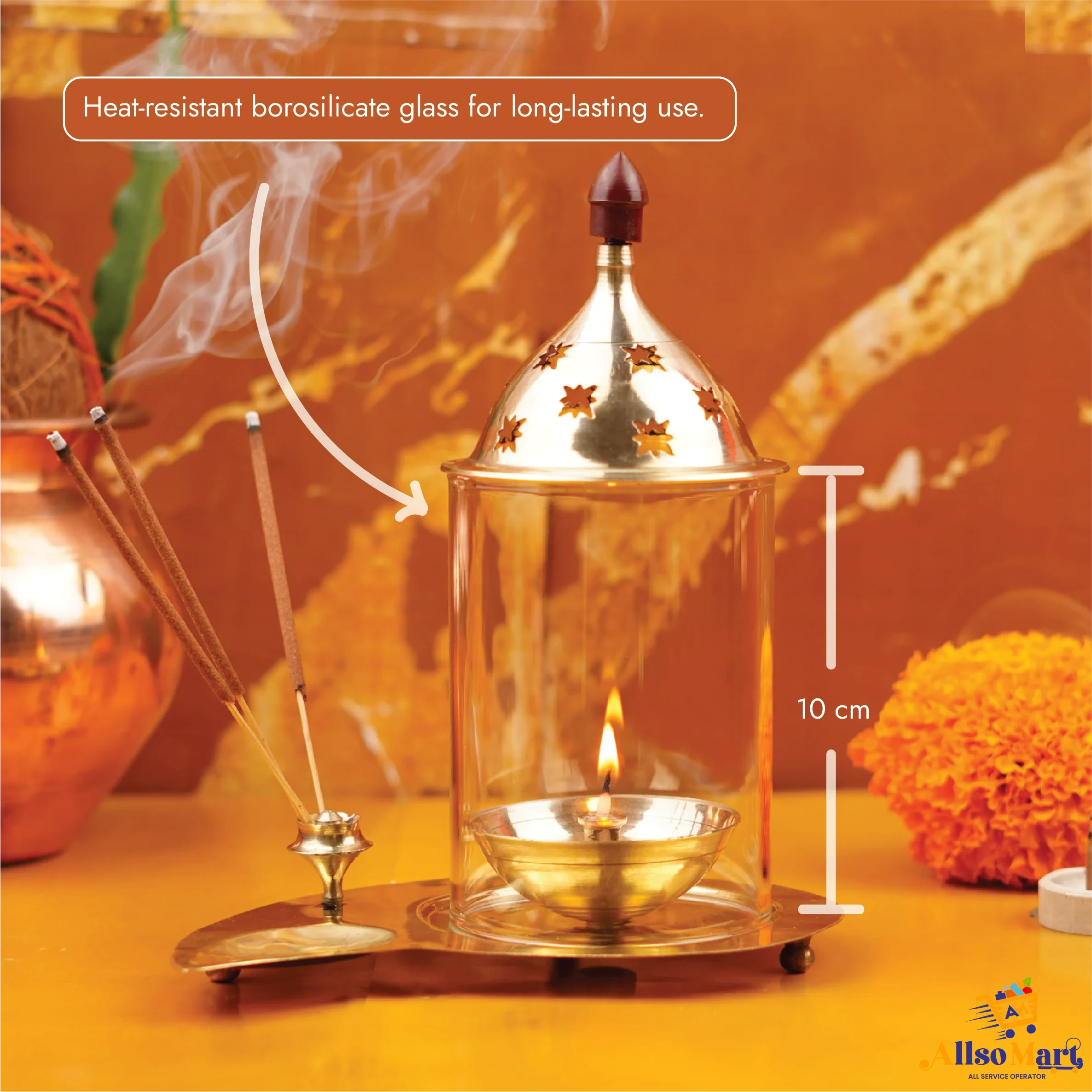 Brass and Glass Akhand Diya with Agarbatti Stand