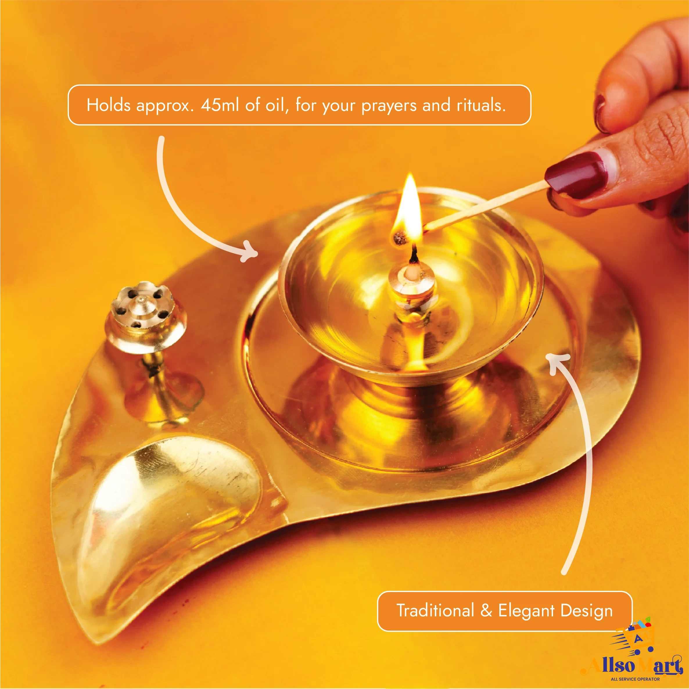 Brass and Glass Akhand Diya with Agarbatti Stand