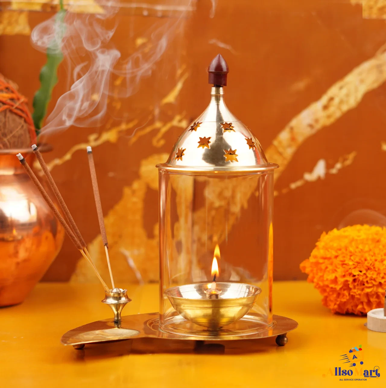 Brass and Glass Akhand Diya with Agarbatti Stand